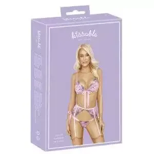 Kissable Lingeri Sæt i Rosa med Broderinger og hofteholder