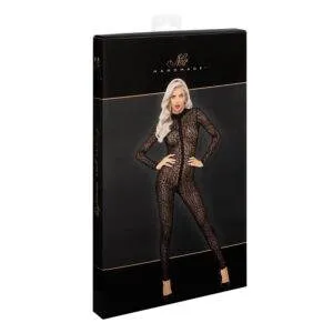 Noir Nylon Leopard Catsuit med Lange Ærmer