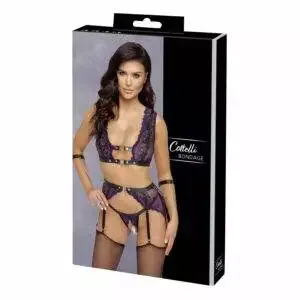 Lingeri Sæt med Håndjern i Lilla blonder og Sorte Stropper