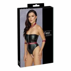 Bundløs Wetlook Body med Håndjern og Halsbånd