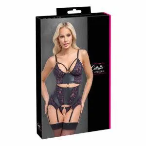 Blonde Bustier med Stringdetaljer, Trusser og Strømpeholdere