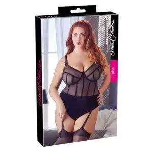 Plus Size String Body med Gennemsigtig Top og Strømpeholdere