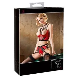 Hylde BH med Hofteholder Trusser i Rød Satin og Blonder