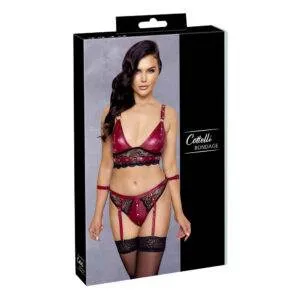 Rødt Wetlook Lingeri sæt med Bralette, Håndjern og Blonder